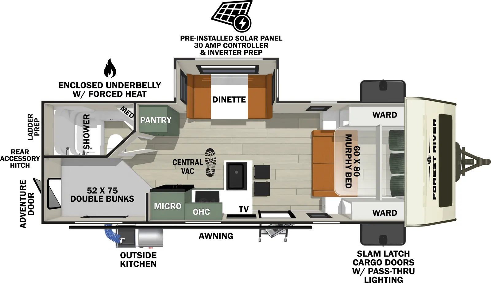 The No Boundaries NB20.3 floorplan has one entry and one slide out. Exterior features include: fiberglass exterior and 18' awning. Interiors features include: bunk beds and murphy bed.